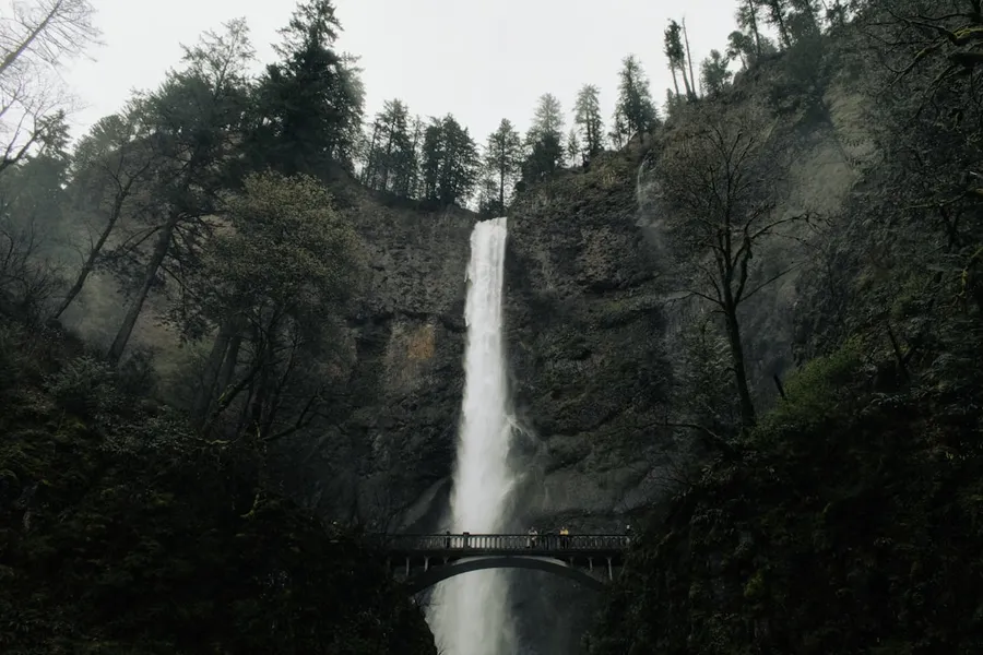 Ilustrasi mimpi air terjun tinggi — a bridge over a waterfall