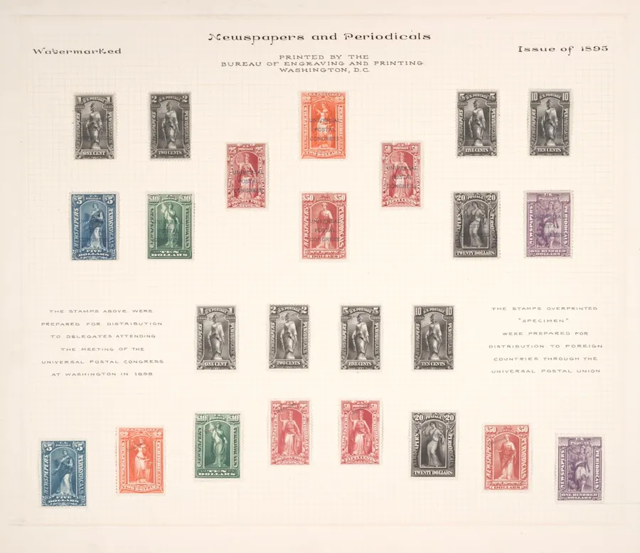 Ilustrasi mimpi beli perangko — Collection of stamps arranged in rows on paper